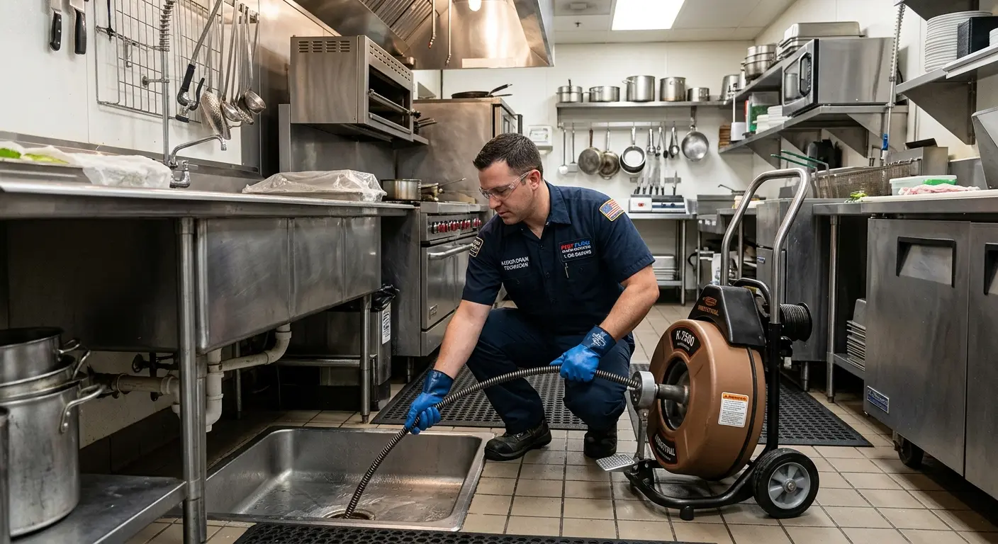 Commercial drain cleaning service in a restaurant kitchen in Cadillac