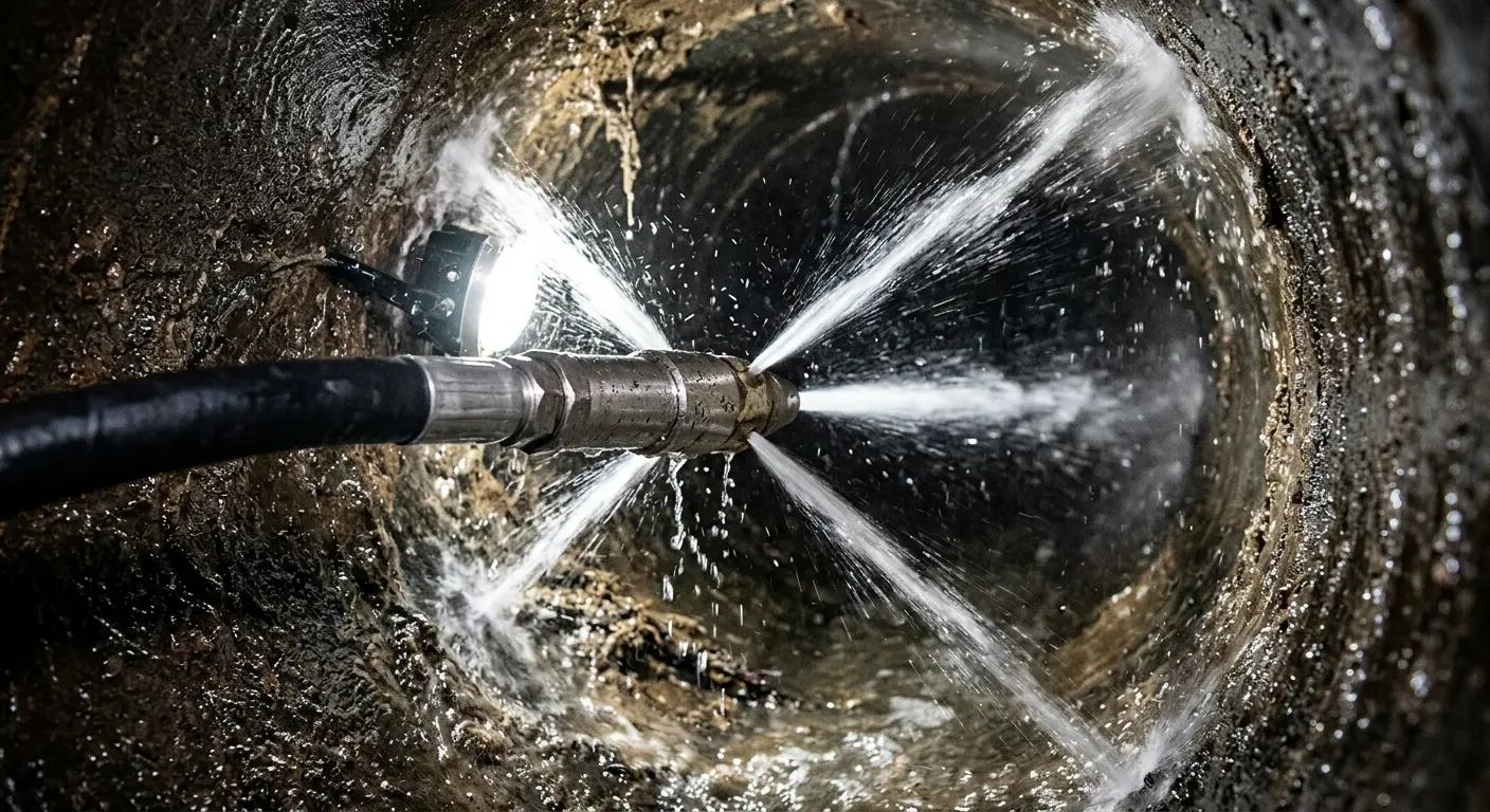 High-pressure hydro jetting nozzle cleaning sewer pipe for Emergency Drain Service in Cadillac