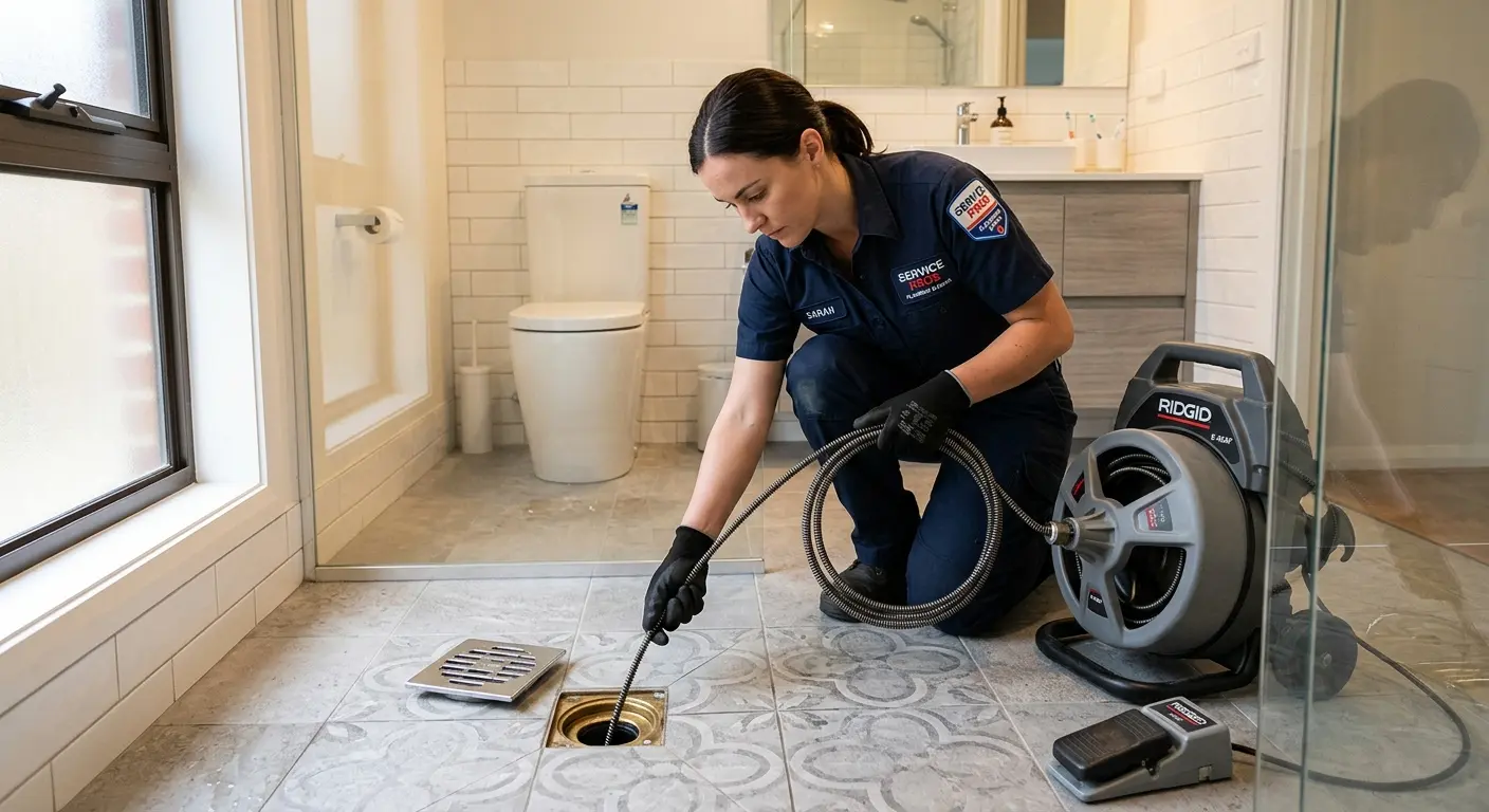Technician clearing a bathroom floor drain for Sewer Line Replacement in Cadillac